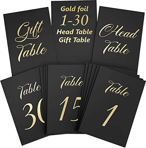 Schwarze Hochzeitstischnummern 1-30 mit Goldfolien-Buchstaben – Tischnummernkarten 10,2 x 15,2 cm mit Kopf & Geschenktisch – Hochzeitsnummern für Tische – Hochzeitsempfang