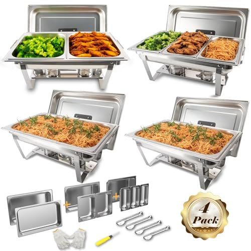 Festa Essential 4 Pack 8QT Rectangular Chafing Dish Buffet Set Stainless Steel Catering Chafers Food Warmer with Full,Half,1/3 Food Pan,Fuel Holder,Foldable Frame For Weddings/Parties/Banquets Events