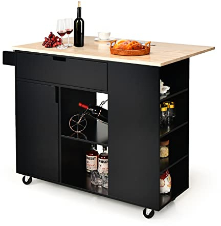 Giantex Kitchen Island Cart Drop-Leaf Countertop, Rubber Wood Breakfast Dining Table w/Large Drawer, Storage Shelves, 4-Tier Spice Rack, Rolling Serving Cart on 5 Wheels for Home Coffee Bar (Black)