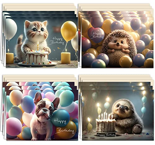 Geburtstagskarte Glückwunschkarten Set mit 12 Geburtstagskarten Klappkarten mit Umschlägen Süßen Hunden, Katzen, Igel & Faultier mit Happy Birthday bedruckt