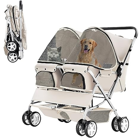 Double Pet Stroller, Foldable Stroller for 2 Dogs & Cats, Two-Seater Carrier Twin Dog Walk Jogger Travel Pet Carriage Cart with Storage, Gray