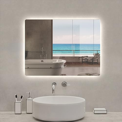 Aica Sanitär Badspiegel mit Beleuchtung 70×50cm Touch Wandschalter Kaltweiß dimmbar Memory-Funktion Badezimmerspiegel Spiegel Energiesparend Lichtspiegel IP44