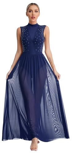 MSemis Damen Lyrisch Tanz Kleid Ärmellos Ballettkleid Gymnastik Trikot mit Asymmetrisch Rock Tanz Body Ballett Trikot Maxikleid Tanzkleidung Navy blau A S