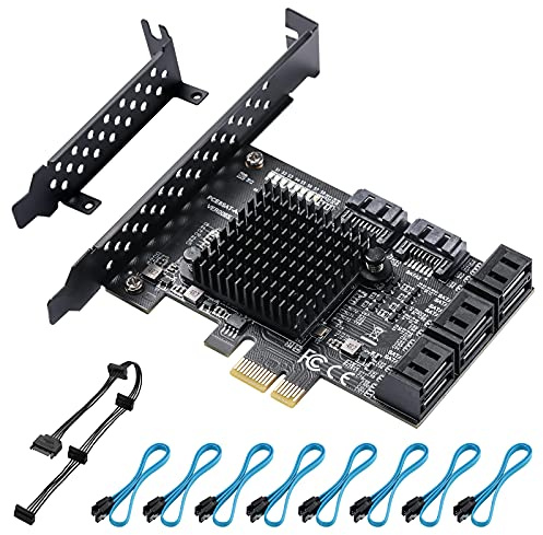 YBBOTT PCIE SATA Karte 8 Ports, SATA 3.0 Controller Erweiterungskarte, PCI-E X1 3.0 Gen3 (6Gbps) Controller Karte, für Windows10/8/ Ubuntu(ASM1064+JMB575) | 8 Ports SATA 3.0 Controller-Karte mit 8 SATA-Kabeln Gen3 6 Gbit/s, Low-Profile-Halterung für Windows 10/8/Ubuntu
