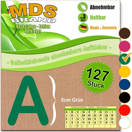 MDS Brand A-Z 5cm Buchstaben Aufkleber & Zahlen 6-Farben | Selbstklebende & Matt – neu positionierbar, einfach zum basteln & gestalten, Ideal für Scrapbook, Schaufenster & DIY-Projekte (Grun)