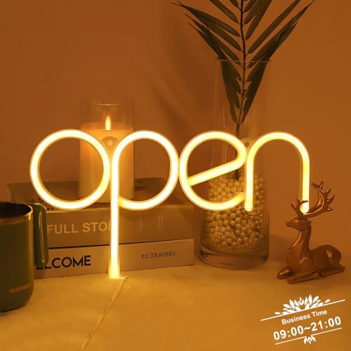LED neon öppen skylt – öppna skyltar för affärer med USB/batteri 35 x 18 cm öppen neonskylt för butiker restauranger butiker fönster skyltfönster skyltfönster (varm gul)