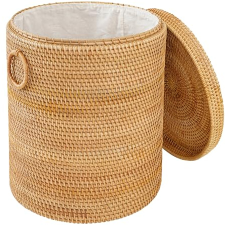 Peslran 17.7×15.7×15.7 Rattan Laundry Basket With Handle, Rattan Laundry Hamper With Liner Bag, Round Wicker Large Hampers For Organizing Clothes Kids Toys Books