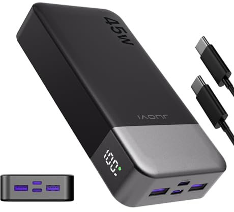 JUOVI Power Bank 20000mAh, 45W Caricatore Portatile Ricarica Rapida, Batteria Esterna 4 Porte, Caricabatterie Portatile per MacBook, Samsung, Dell, HP, Tablet, iPhone 16 15 14 13 e Altro (Nero)