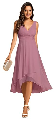 Ever-Pretty Abiti da Cerimonia Vestito Donna Linea A con Scollo a V Vestito Elegante Estivo Chiffon Midi Senza Maniche Orchidea 36
