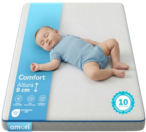 AMORI Madrass spjälsäng 120 x 60 cm | 8 cm tjock madrass anti-kvävning baby | avtagbart och tvättbart överdrag i tvättmaskin | vinter - sommar | andningsbar och allergivänlig komfort