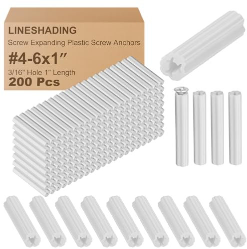 Lineshading 200 Pcs Expanding Plastic Screw Anchors 3/16 Hole White Plastic Anchors for Concrete Masonry Tile Cement Bolt Expansion Tube for #4,5,6 Screws, Fix to Wall Drywall or Other (1)