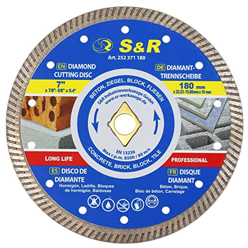 S&R Turbo Diamanttrennscheibe 180 mm / 7' (180X10X22.2/15.88mm), mit Rhombus-Loch und Reduzierstück 22,23 mm auf 15,88 mm Bohrung, für Beton, Ziegel, Mauerwerk, Fliesen