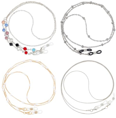 CREATCABIN 4 Stück 4 Stile Brillenketten Brillenkette Brillenband Brillenhalterkette Perlen Brillenhalter Um Den Hals Metall Mit Gummischlaufenenden Für Damen Und Herren Sonnenbrillen Gold/Silber