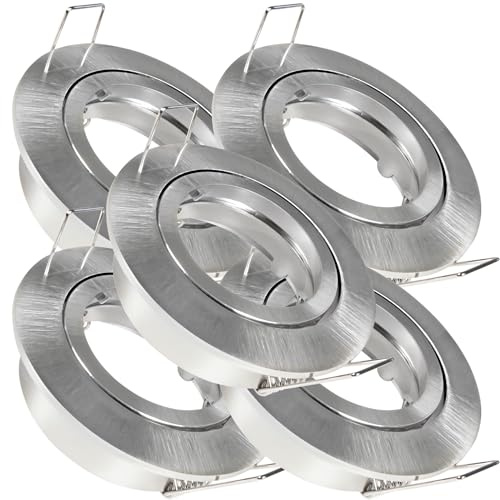 5er Set LED o. Halogen Einbaustrahler Timo für 12V und 230Volt Farbe: Edelstahl gebürstet (ohne Leuchtmittel) inkl. 230Volt GU10 und 12Volt MR16 Fassung. Spot Rund für Lochausschnitte von 68-76 mm.