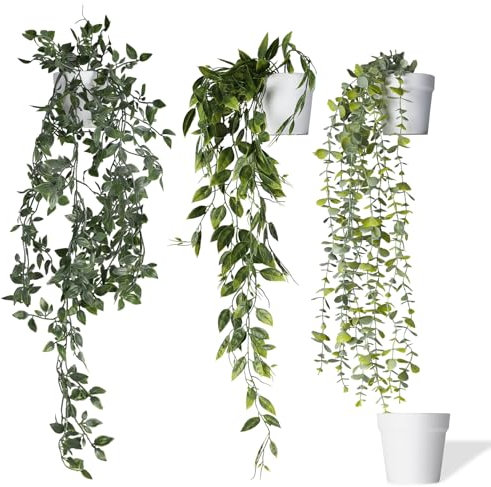 MARTIVA® 3er Set künstliche Hängepflanzen (62-82 cm) in weißen bruchfesten Töpfen - einfach zu pflegende und langlebige Kunstpflanze hängend