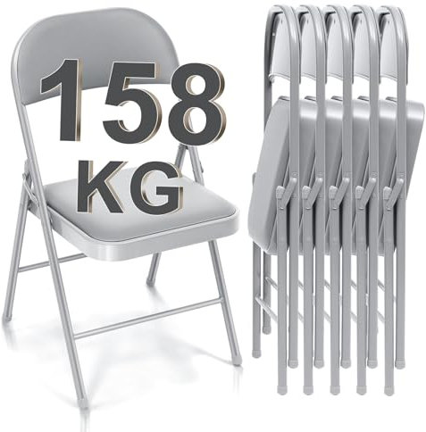 BULAGE Klappstuhl 6er Set Klappstühle Gepolstert, Metall Stapelstühle bis 158 kg Stuhl Klappbar Garten Klappsessel, Bequemer Klappstuhl für Gäste, Küche, Yoga, Camping, Grau