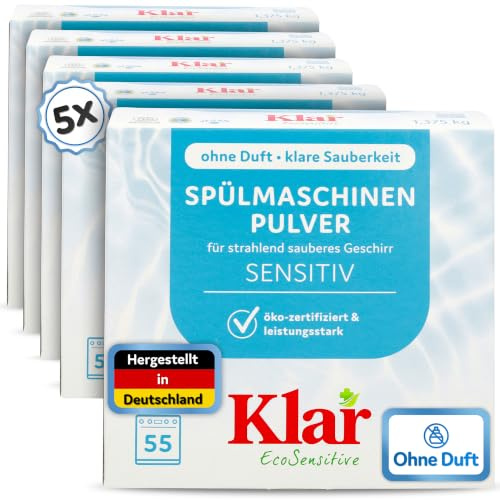 Klar EcoSensitive® Spülmaschinen Pulver SENSITIV, 1,375kg - Ohne Duft | Geschirrspülmittel Pulver - Spülmaschinenpulver für blitzsauberes Geschirr - Geschmacksneutral, biologisch abbaubar & vegan