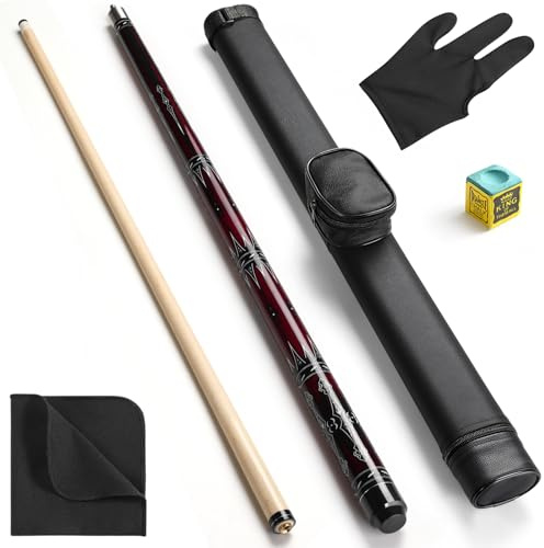 ASMPCUE Billard Queue, 58'' 20oz Pool Queue mit PU Leather Tasche, Kanadischer Ahorn Pool Cue 13mm Spitzen für Professionelle Billardspieler, 1/2 Queue Sticks Set für Billard Tisch Sport (Dunkelrot)