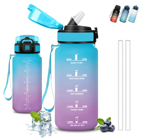 Trinkflasche Kinder, Trinkflasche 500ml, Wasserflasche mit Strohhalm, Leicht zu Reinigen, Wasserflasche Auslaufsicher, Kann mit dir Tragen, Flasche mit Zeitmarkierung, Flasche für Schule, Camping