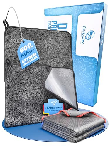CARBOTEC® Mikrofasertücher 4erBundle – 2xTrockentuch Dusche & Bad, streifenfreies Mikrofaser Handtuch für Duschkabine & 2X Carbonfaser Glasreinigungstücher als Poliertuch, Fast Dry