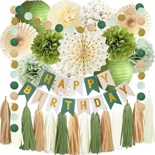Olivgrün Geburtstagsdeko Neutral Party Dekorationen Olivgrün Salbeigrün Creme Seidenpapier Pompoms Papierfächer Papier Girlande Happy Birthday für Frauen Mädchen Geburtstags Party Deko
