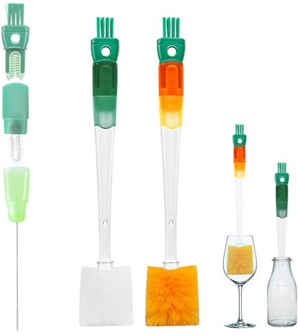 2 Stuck Flaschenbürste, 5-in-1 Lange Griff Milchflaschenbürste, Multifunktionale Cleaning Brush mit 5 Bürstenköpfen, Baby Bürste, Baby Flaschenbürste Set, für Babyflaschen, Strohhalme Thermosflaschen