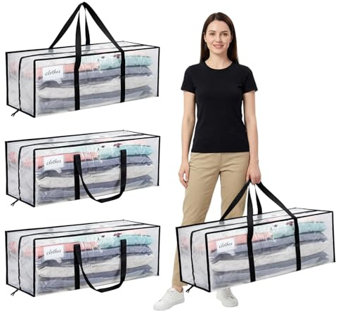4 Pack 120L Clear Storage Bags, Heavy-Duty Waterproof Moving Boxes with Zips – Large Christmas Tree Storage Bag for Clothes Storage, Packing & Home Moving Bags