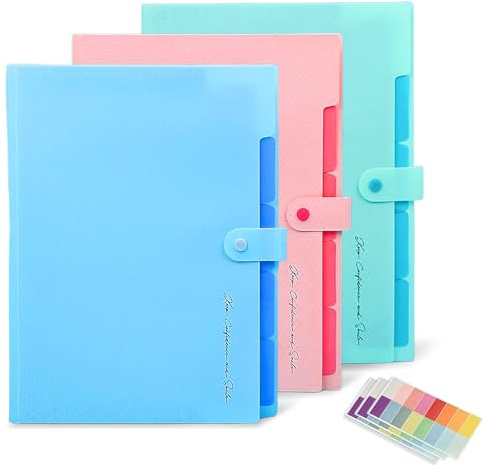 Fardes à Compartiments A4, lot de 3 Fardes à Documents, Chemises à 5 Compartiments, Classeur Extensible, Organiseur de Documents avec Étiquettes, pour Bureau, Maison, École (Bleu, Vert, Rose)
