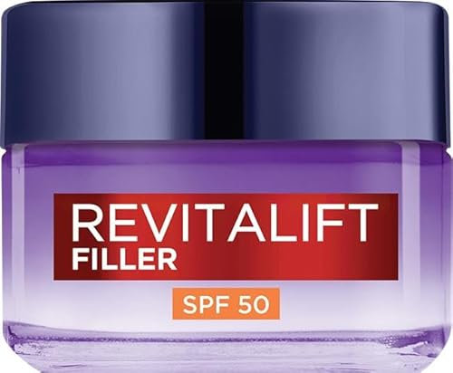 L'Oréal Paris Crema Viso Giorno Revitalift Filler SPF50, Per Tutti i Tipi di Pelle, Azione Anti-Rughe Rivolumizzante, Pelle Rimpolpata a Lungo, Con Acido Ialuronico, 50 ml