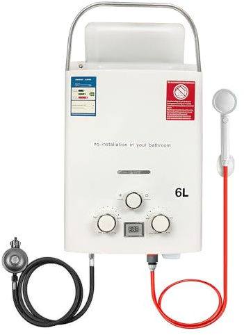 Calentador de Agua de Gas Butano Propano 6L 12KW, Calentador de Agua sin Tanque Portatil, Para Butano (28-30mbar)/ Propano (37-50mbar), para el Viaje, RV, Campamento,Exteriores,Duchas (Blanco)