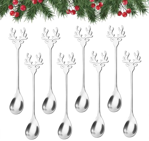 Tea Spoons, 8 Pcs Christmas Spoons, Stainless Steel Hot Chocolate Spoon, Christmas Tableware, Christmas Cutlery, Coffee Spoon for Xmas Gifts, Xmas Stocking Fillers Party