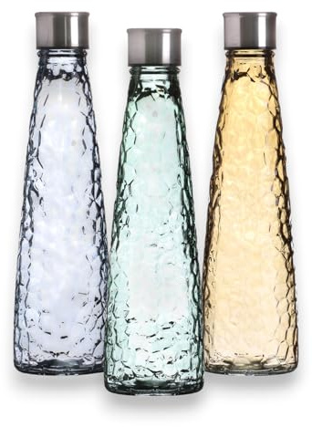 Lot de 3 bouteilles d'eau vintage en verre 750 ml – Structure diamant – Bouteilles en verre colorées avec couvercle à visser – Bouteille, carafe pour eau, jus et boissons – Couleurs pastel (diamant