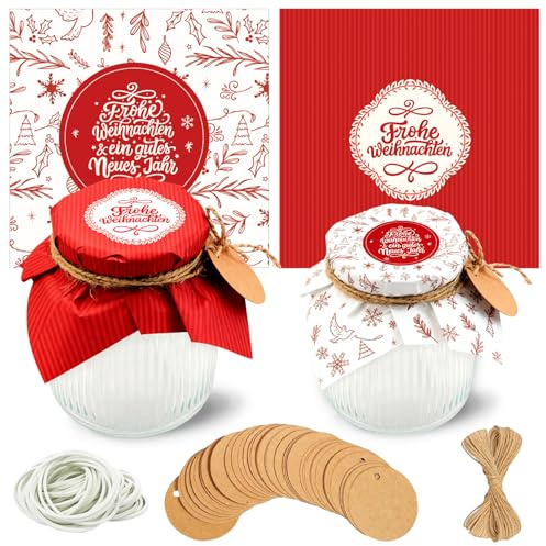 YANSYUN 40 Marmeladendeckchen Weihnachten Sets, Marmeladendeckchen Weihnachten 15cm + 20m Jute Garn + 40 Justiergummi + 40 Geschenkanhänger, Weihnachtliches Dekor für Marmeladengläser Klein (Rot)