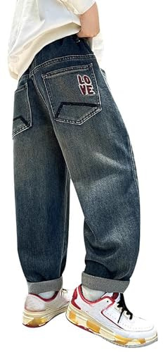Jean baggy 2026 pour garçon - Jambes larges - Taille élastique - Plusieurs poches - Pantalon cargo - Pantalon en denim - Pour enfant - Doublure, bleu, 13-14 ans