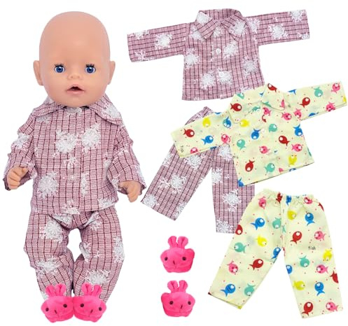 30-45cm Puppenkleidung Baby Kleidung für 14 16 18 Zoll Baby Puppen, 5 Stück Pyjama Outfits für Baby Puppen, Schneeflocken Fisch Puppenkleidungs Hasenpantoffeln für 43 cm Puppen, Geschenk für Kinder