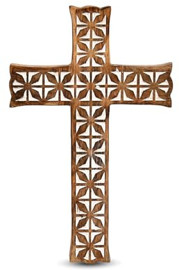 Hanol Croix murale chrétienne en bois de manguier rustique avec accessoire de suspension avec finition naturelle (25,4 x 15,2 x 1,91 cm)