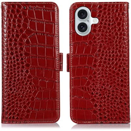 XIMAND Étui en cuir véritable pour iPhone 17 avec 3 emplacements pour cartes de crédit, blocage RFID, motif crocodile et fermeture magnétique avec écran intégral pour caméra – Rouge