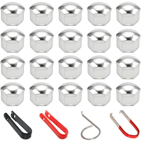 Xynovate 20 PCS Cubiertas para Tuercas de Rueda de 21mm, Tapa de Tornillo de Rueda de Coche, Cubiertas Hexagonales para Tuercas de Neumáticos con Juego de Herramientas de Extracción, Plata