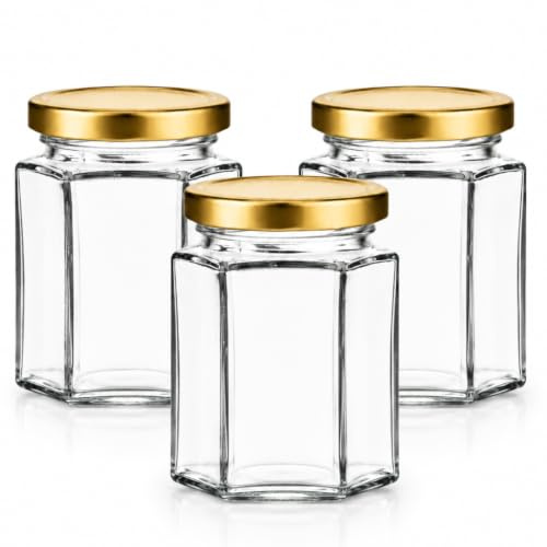 190ml Hexagonal Glass Honey Jars with Gold Twist-Off Lids – Pack of 24 | Jam, Chutney & Preserve Jars | Food Storage Glass Jars | J&B