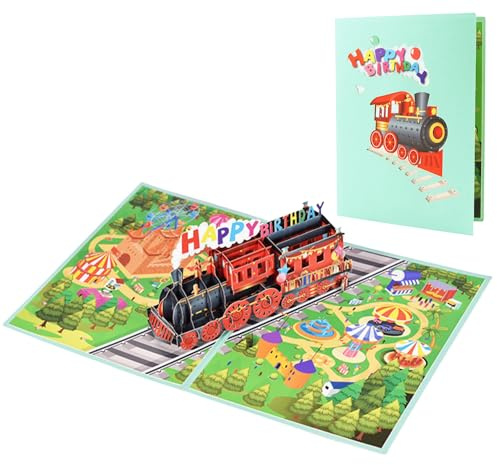 DORAFIORA® 3D Happy-Birthday Zug – Magische Pop-Up Karte für Kindergeburtstage | Lustige Eisenbahn Grußkarte für Jungen & Mädchen | Inkl. Umschlag