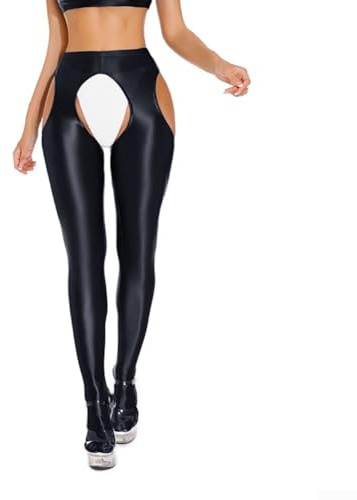 Stretchiga glansiga leggings med öppen gren för kvinnor, tunna byxor designade för yoga- och dansaktiviteter (XXL svart)