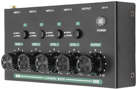 Annadue Mezclador de 4 Canales, Mezclador de Sonido Estéreo de bajo Ruido, Mezcla Multicanal sin Esfuerzo, Diseño Metálico Compacto, Fuente de Alimentación USB Versátil, Plug and Play