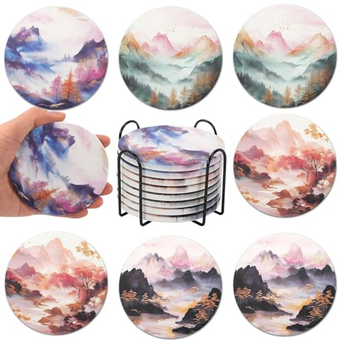 8 Pack Ceramic Marble Coasters with Holder, Round Absorbent Coaster for Drinks, Tabletop Protection Bar Cup Coasters with 4 Patterns for Coffee Table, Desk, Lounge, Home Decor (Ink Wash Pattern)