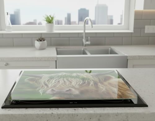 DEENZ Multicolour Highland Cow Universal Hob Cover Plate 5Mm Thick Tempered Glass All Types Cookers Kitchen Decor Worktop Saver 4X Feet Large Chopping Board 60 X 52 Cm (Hob Cover with 4 X Black Feet)