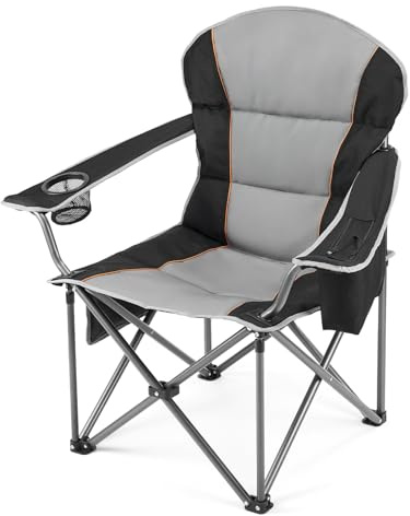 DUMOS Camping Folding Chairs, Outdoor Heavy Duty Chairs with Cup Holder and Cooler Bag, Collapsible Padded Portable Camping Chair for Garden Beach Fishing Sports, Black