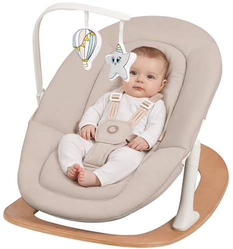 LIONELO Celia Rocker Babysitter med Naturlig Gungning & Leksaksbåge för Nyfödda upp till 9 kg, 2 Lutningslägen, Ergonomisk Sittdel, 5-Punktssele, Hopfällbar i 2 Delar, Stabil Bas i Bokträ – Beige