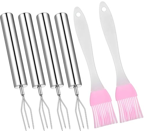 WJIAAA Lot de 4 fourchettes à peler à pommes de terre avec 2 brosses en silicone pratiques en acier inoxydable pour légumes et aliments grillés (14,2 x 1,5 cm)