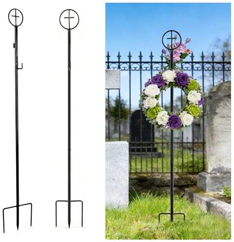 succulentlovers 2PCS Cemetery Wreath Stands, 38 Christmas Metal Wreath Holder Stand with Cross 3 Pronged Decor, Gravestone Wreath Hanger Headstone Flower Holder for Xmas Memorial Day Graveside Decor