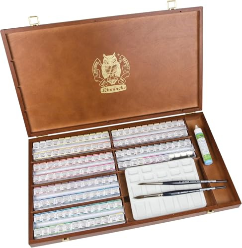 Schmincke – HORADAM AQUARELL Edler Holzkasten mit 140 halben Näpfchen (Vollsortiment) + viel Zubehör, 74 756 097, feinste Aquarellfarben, Aquarellmalerei