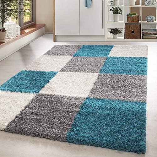 HomebyHome Hochflor Teppich Shaggy kariert 120x170 cm Blau, weich & flauschig, modernes Karo Muster, rechteckig, perfekt für Wohnzimmer oder Schlafzimmer, stilvoll & bequem